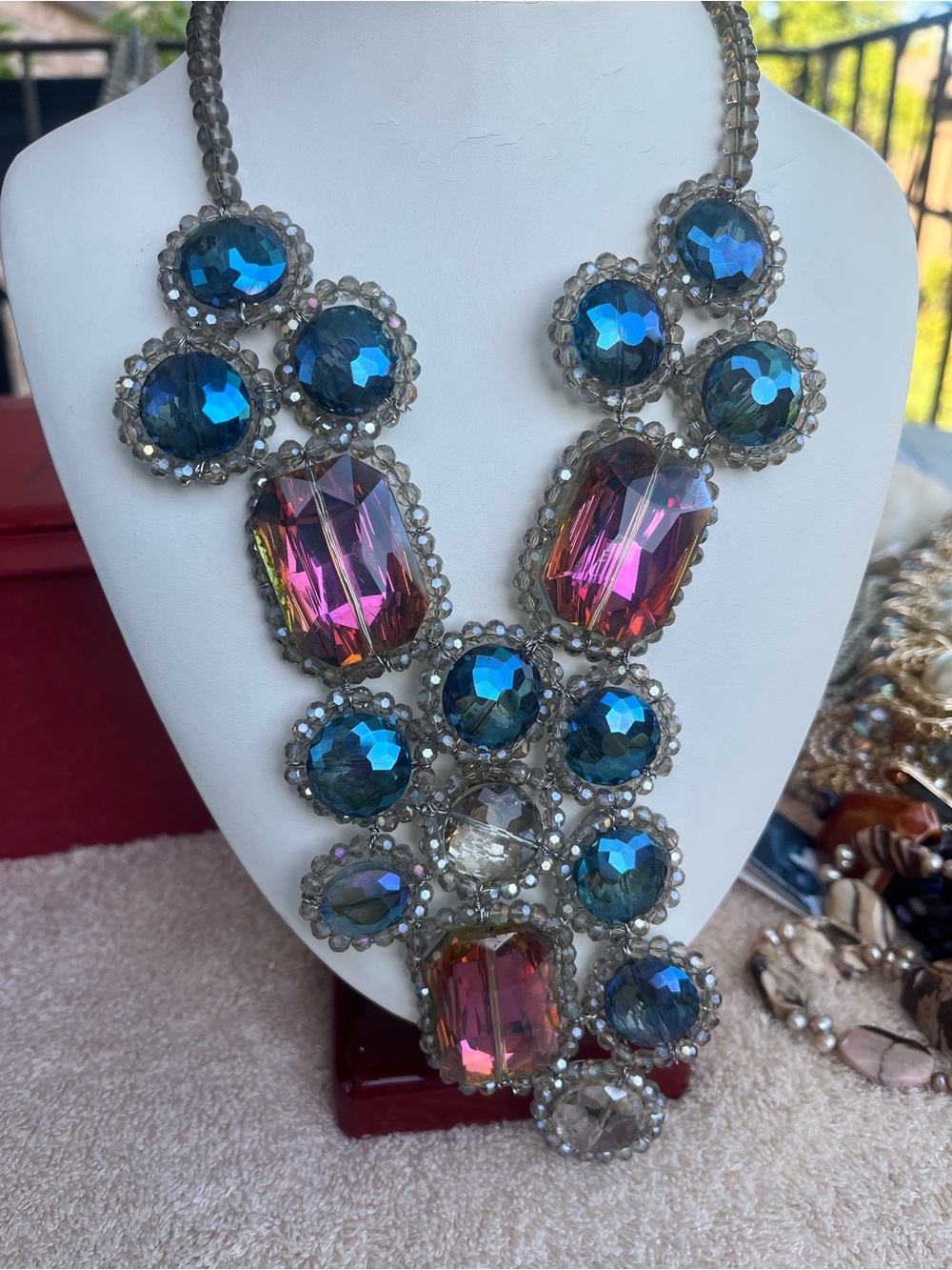 Statement Multi-Color Crystal Bib Necklace - Blue & Pink